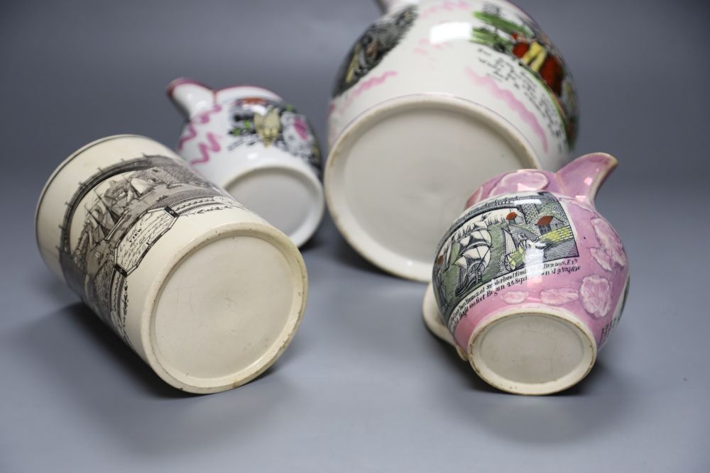Three Sunderland pink lustre Pearlware jugs and a Sunderland Bridge creamware mug, tallest 19cm